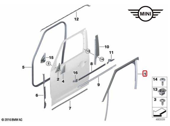 Original MINI Countryman F60 Karet Channel Seal Kaca Pintu DEPAN KIRI