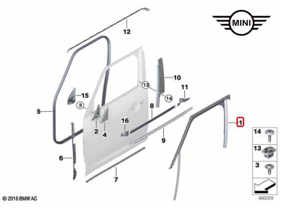 Original MINI Countryman F60 Karet Channel Seal Kaca Pintu DEPAN KANAN