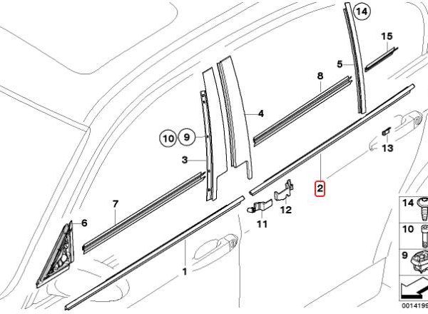 Original BMW E90 Cover Lis Pelipit Kaca Luar Pintu Belakang KIRI Hitam