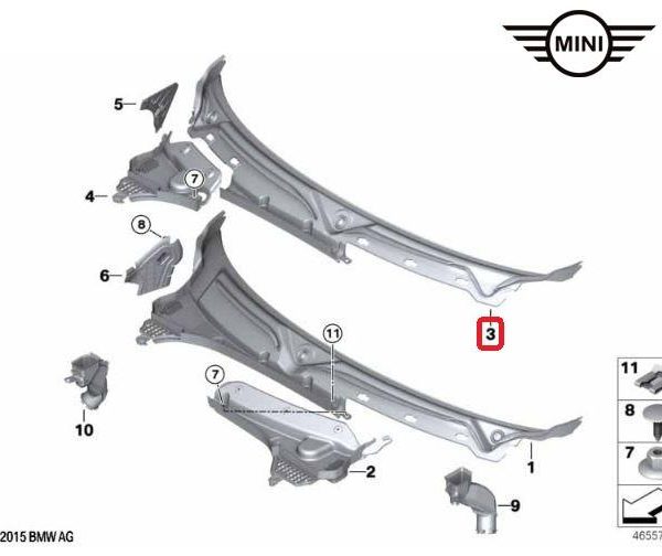 Original MINI F55 F56 F57 Cover Bawah Wiper Deck Cowl 51717301014