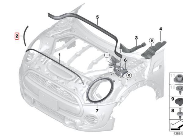 MINI F55 F56 F57 Engine Hood Gasket Seal Karet Sisi Kap Mesin Depan